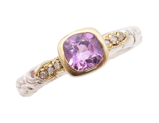 925 Sterling Silver Vintage Ring Diamonds & Square Amethyst Inlay  Sz 7  RG30453