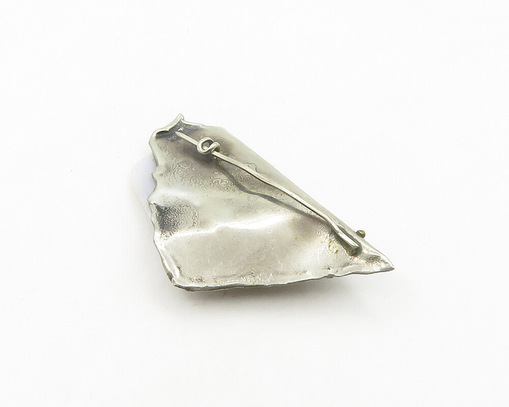 925 Sterling Silver  Vintage Agate Modernist Sculpted Brooch Pin  BP7484