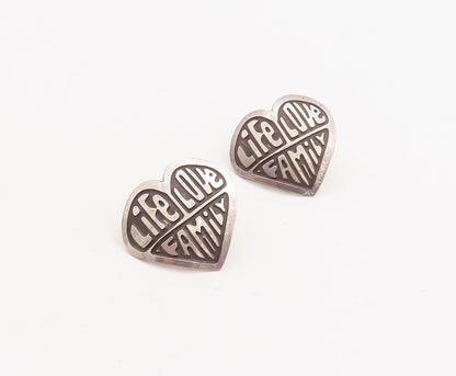 925 Sterling Silver Vintage Earrings Life Love Family Etched Heart  EG13136
