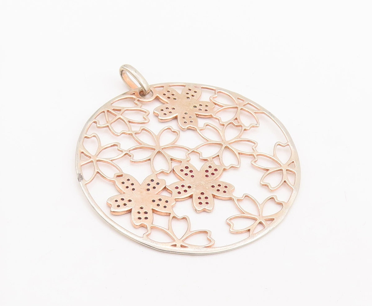 925 Sterling Silver Vintage Pendant Gold Plated Flowers Cutout Inlay CZ  PT23413