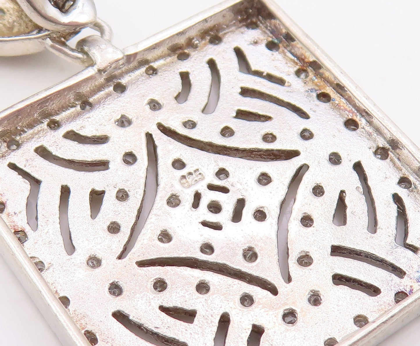 925 Sterling Silver Vintage Pendant White Topaz Geometric Square Charm  PT26332