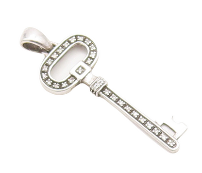 925 Sterling Silver Vintage Pendant Solid Cutout Diamonds Inlay Key  PT23704