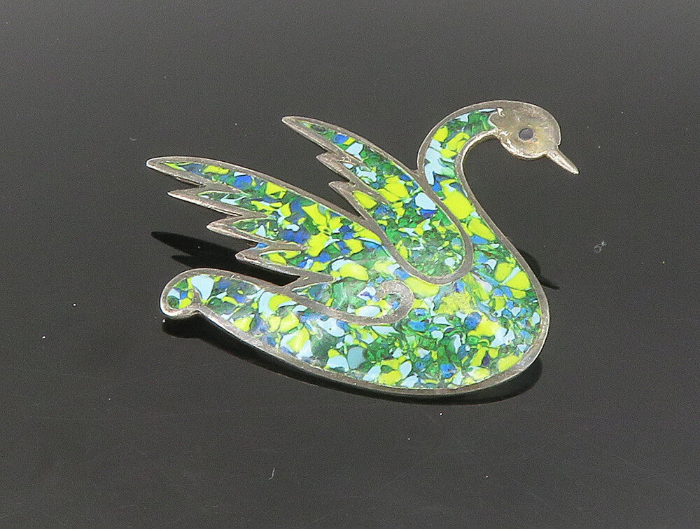 JOSE FLORES MEXICO 925 Sterling Silver  Vintage Enamel Swan Brooch Pin  BP9314