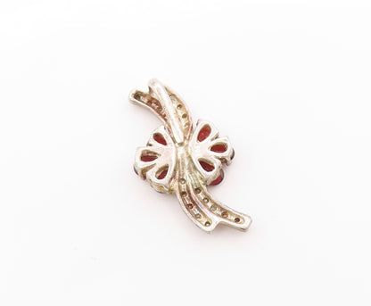 925 Sterling Silver Vintage Pendant Real Diamonds & Garnet Floral Charm  PT25041