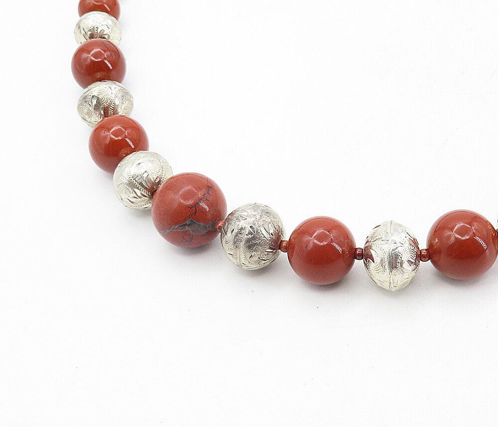 MERAV MEXICO 925 Silver  Vintage Jasper Beaded Pattern Chain Necklace  NE1503