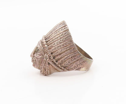 925 Sterling Silver Vintage Ring Large Feathered Native Chief Band Sz 7  RG34003