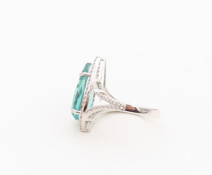 925 Sterling Silver Vintage Ring Designer Drop Cut Aquamarine & CZ Sz 7  RG30028