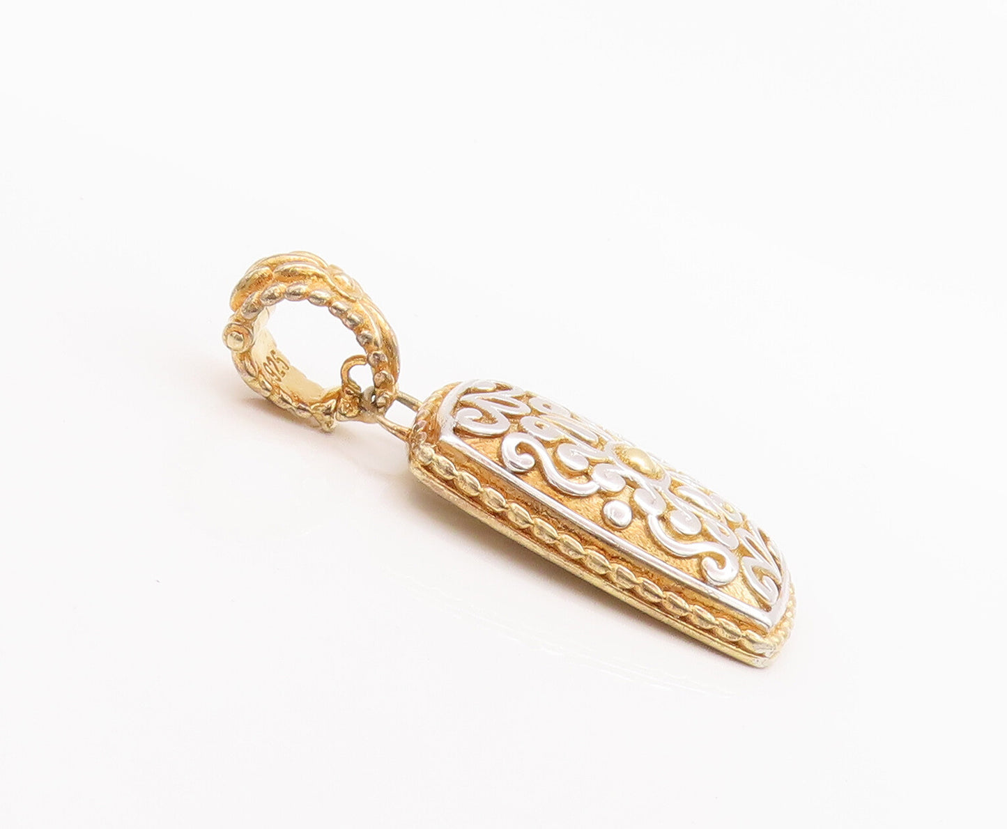 925 Sterling Silver Vintage Pendant Gold Plated Rectangle Swirly Carved  PT22546