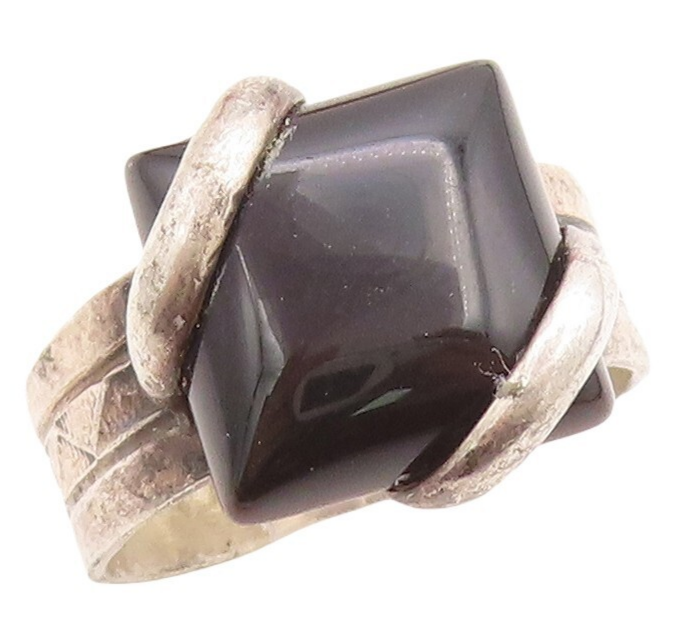 925 Sterling Silver Vintage Ring NAVAJO Designer Square Onyx  Sz 10  RG31465