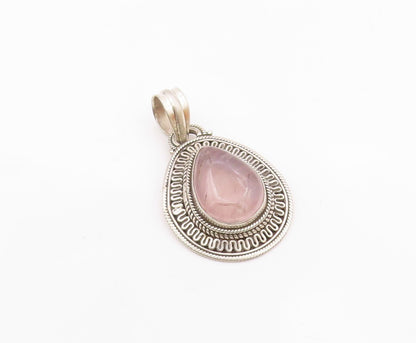 925 Sterling Silver  Vintage Cabochon Cut Rose Quartz Shiny Pendant  PT13789