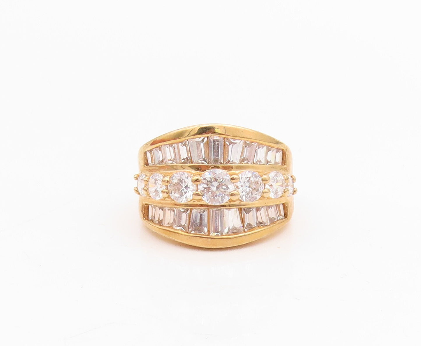 925 Sterling Silver Vintage Ring Gold Plated Rectangle & Round CZ  Sz 7  RG31714