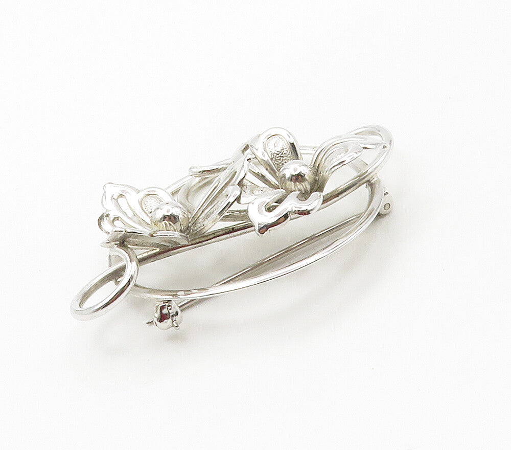 925 Sterling Silver  Vintage Shiny Swirl Flowers Motif Brooch Pin  BP6015