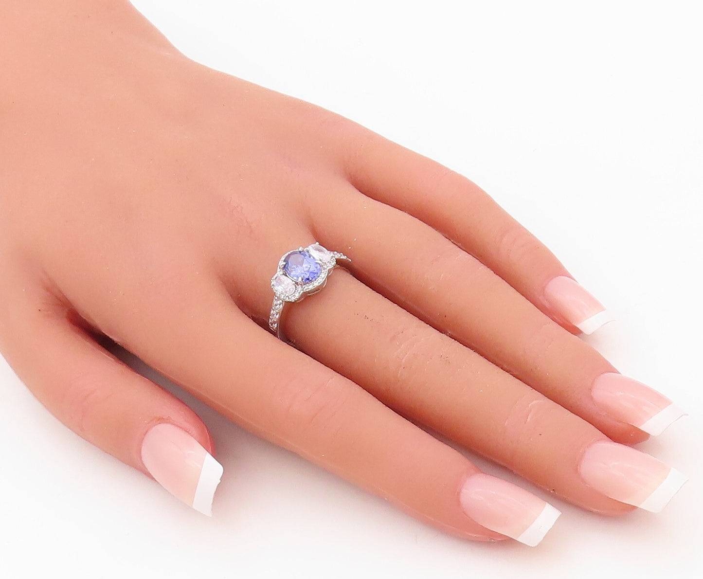 925 Sterling Silver Vintage Ring Oval Cut Tanzanite & CZ Inlay  Sz 7  RG30454
