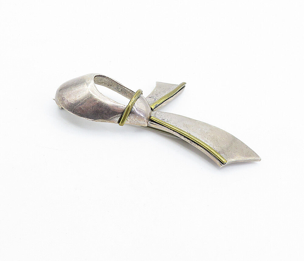 MEXICO 925 Sterling Silver  Vintage Two Tone Ribbon Motif Brooch Pin  BP1676