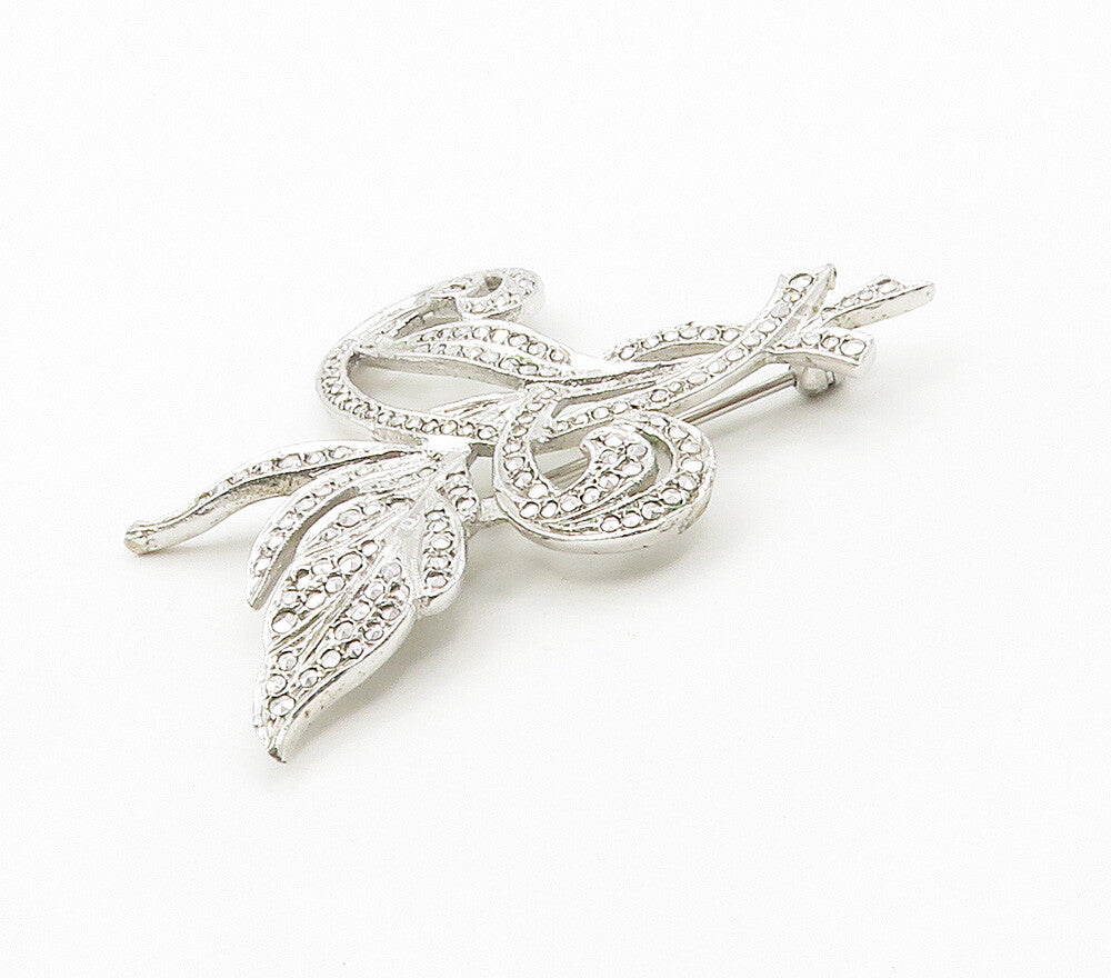 925 Sterling Silver  Vintage Sparkling Floral Swirl Brooch Pin  BP6093