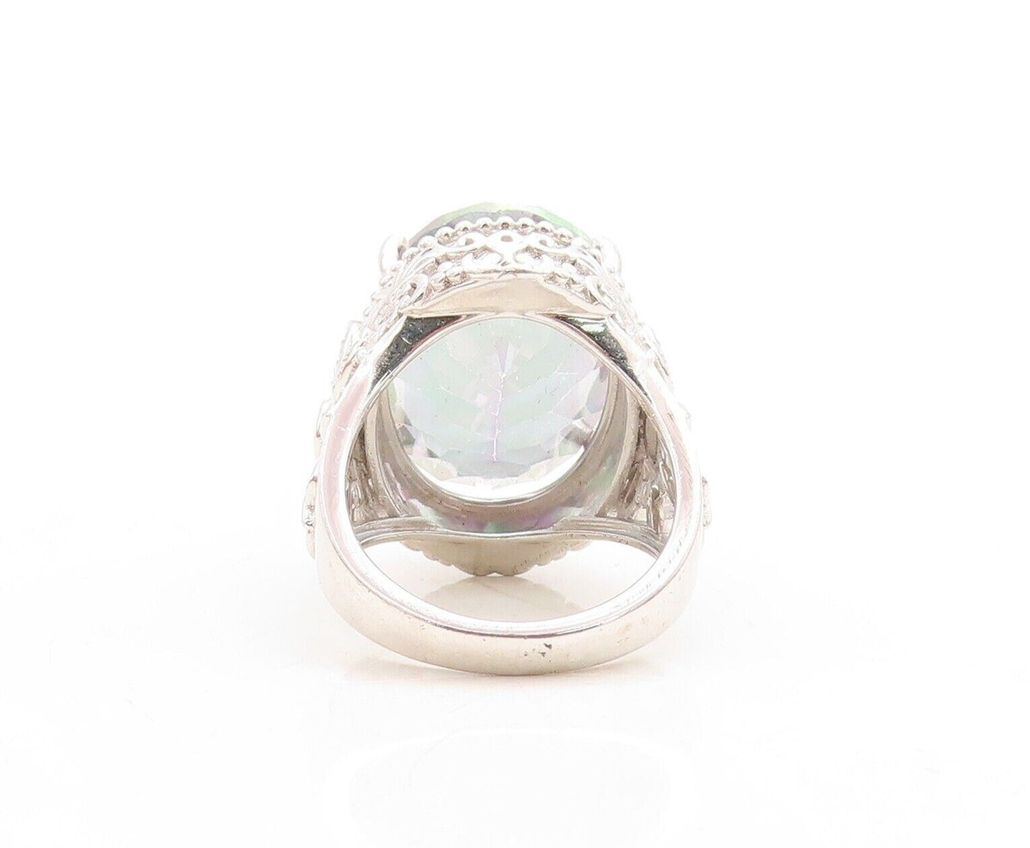 925 Sterling Silver Vintage Ring Floral Carved Oval Mystic Topaz Sz 7.5 RG30087
