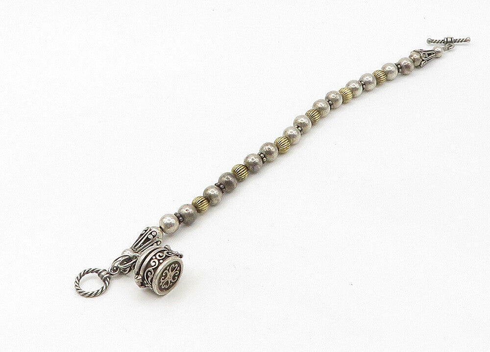 925 Sterling Silver  Vintage Two Tone Locket Beaded Chain Bracelet  BT8532