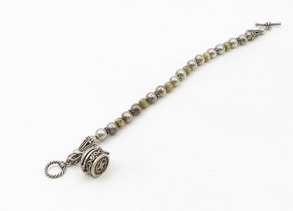 925 Sterling Silver  Vintage Two Tone Locket Beaded Chain Bracelet  BT8532