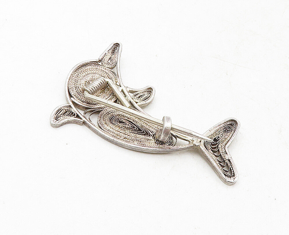 925 Sterling Silver  Vintage Antique Filigree Dolphin Motif Brooch Pin  BP3516