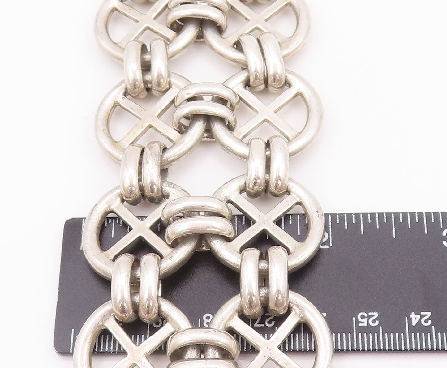 925 Sterling Silver Vintage Bracelet Designer Circular Framed X Heavy  BT10414