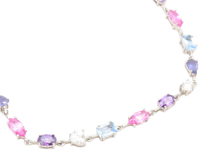 925 Sterling Silver Vintage Necklace Multi Gemstone Tennis Link Chain  NE4899