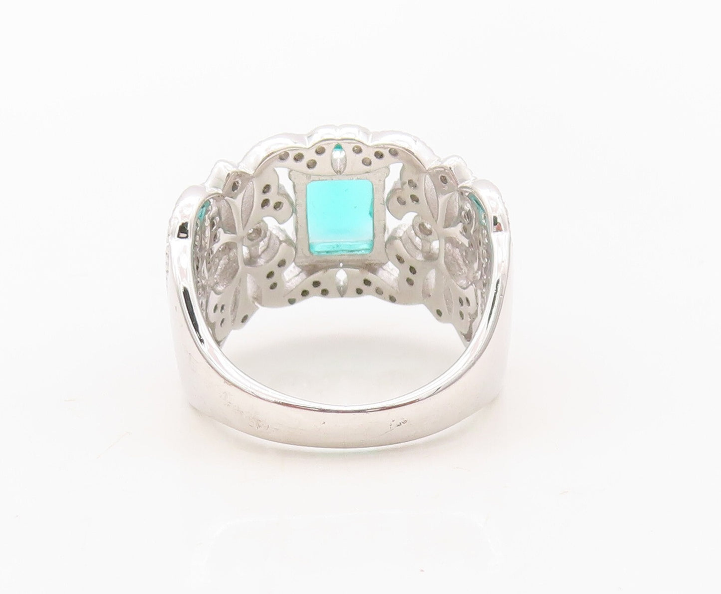 925 Sterling Silver Vintage Ring Floral Cutout White & Sea Green CZ Sz 7 RG30259
