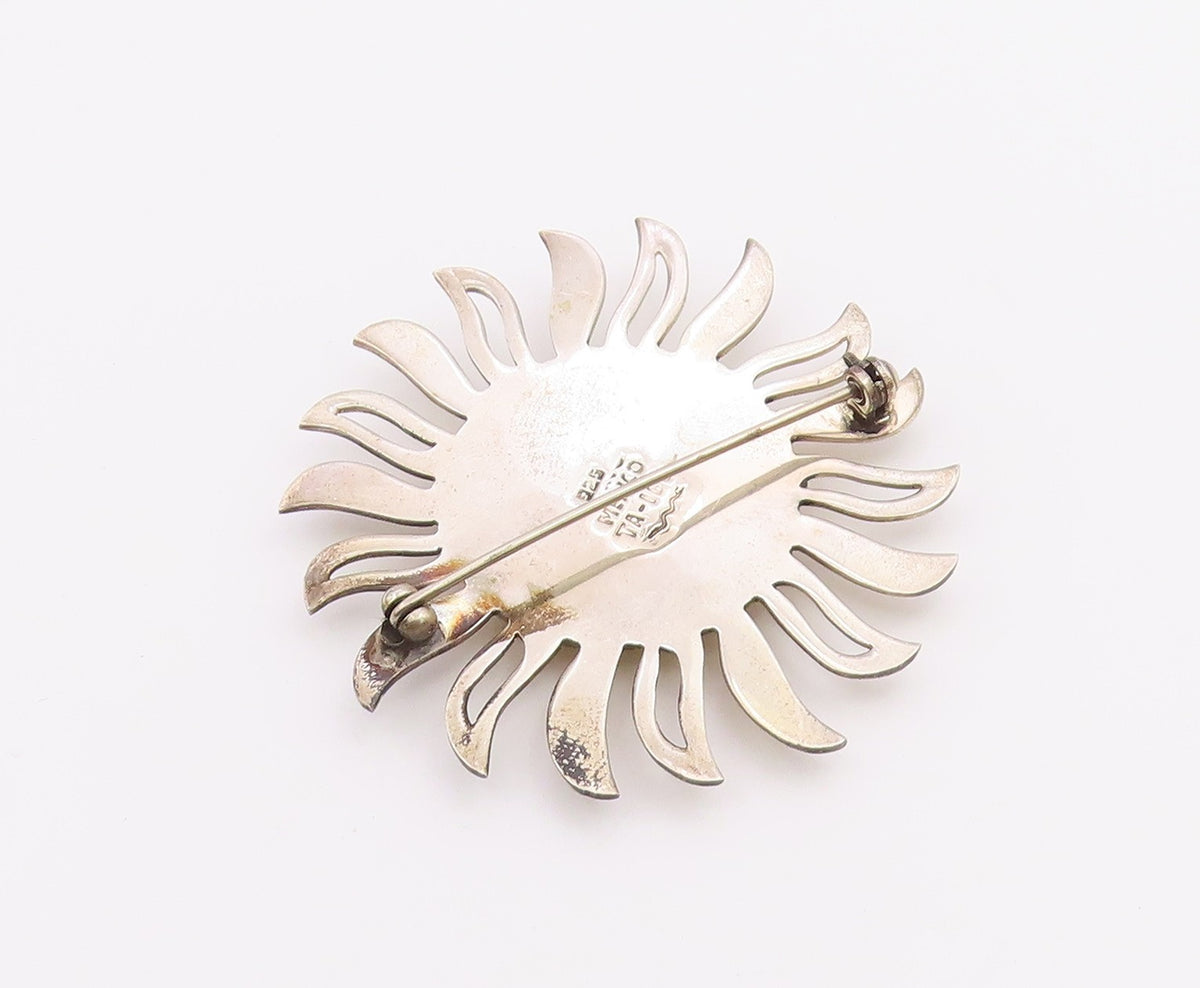 MEXICO 925 Sterling Silver  Vintage Shiny Two Tone Sun Face Brooch Pin  BP7963