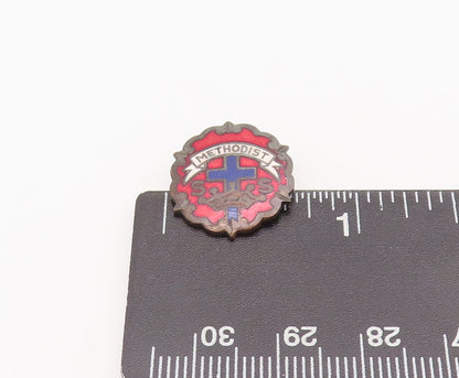 925 Sterling Silver Vintage Brooch Pin Blue Red Enameled Antique Logo  BP10720