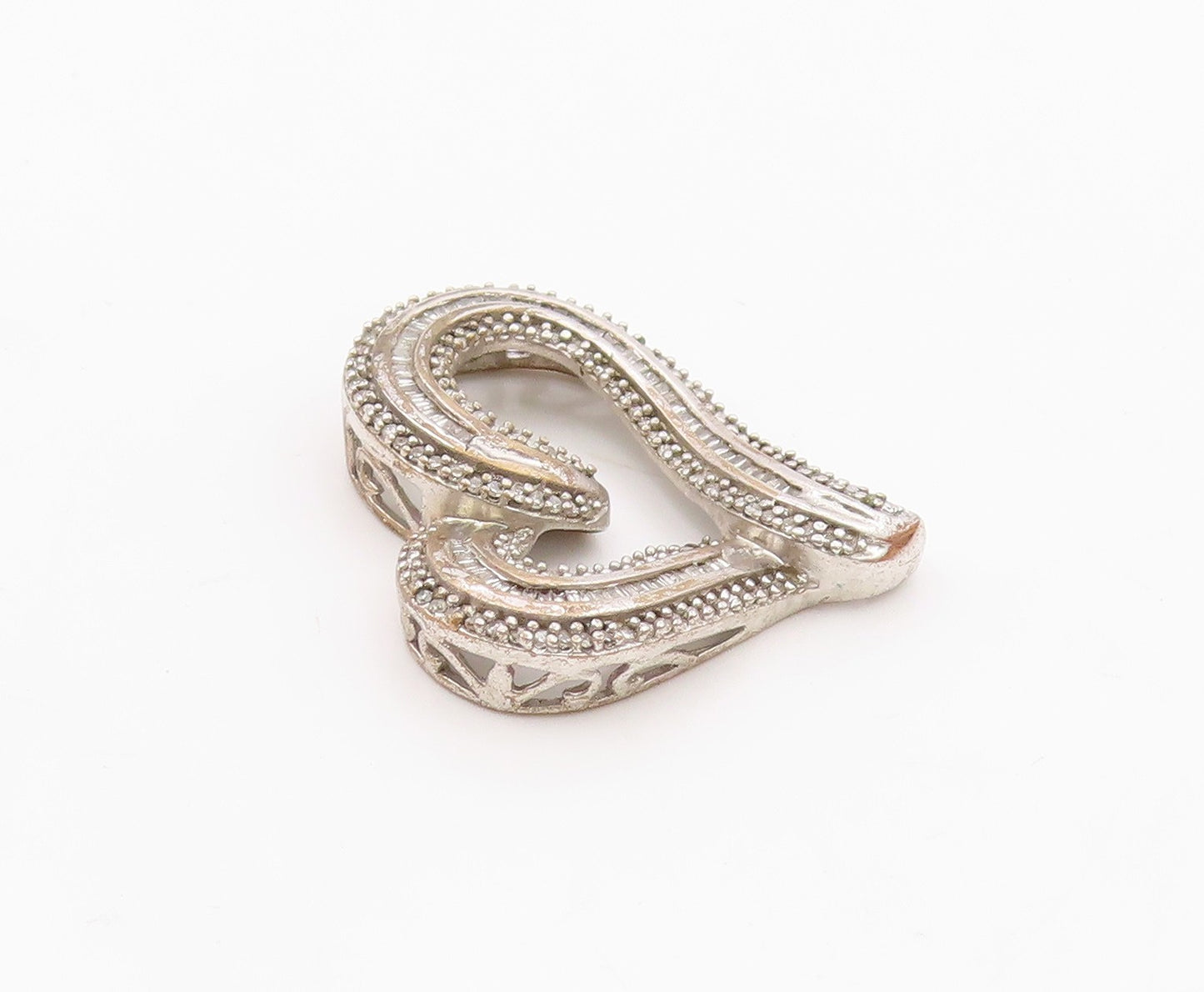925 Sterling Silver  Vintage Genuine Diamonds Open Love Heart Pendant  PT17979