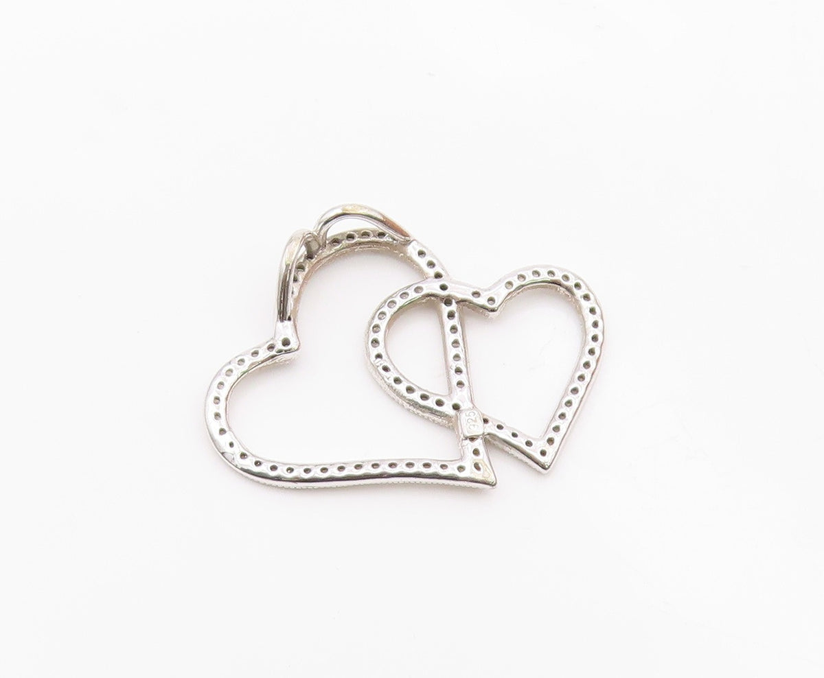 925 Sterling Silver  Shiny Genuine Diamonds Double Love Heart Pendant  PT8009