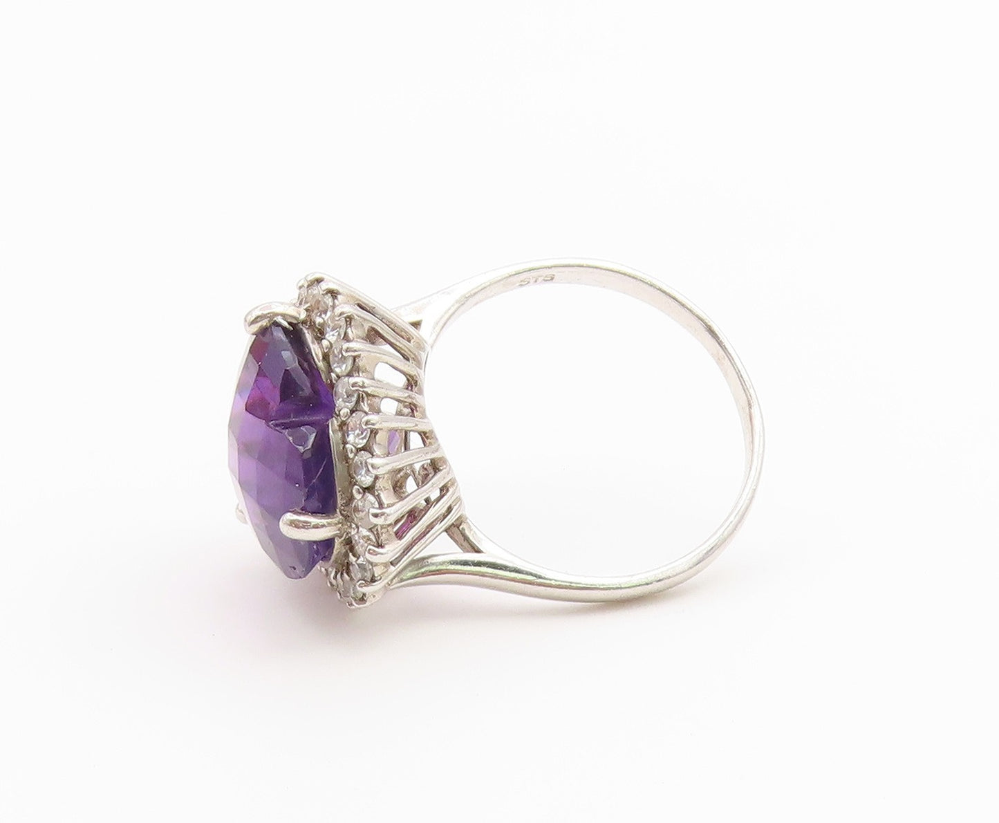 925 Sterling Silver Vintage Ring Amethyst Halo Topaz Love Heart  Sz 11  RG36738
