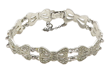 925 Sterling Silver  Vintage Sparkling Bow Tied Ribbons Chain Bracelet  BT6514