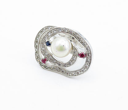 925 Sterling Silver Pearl & Multi Color Topaz Cocktail Ring Sz 7 RG6567