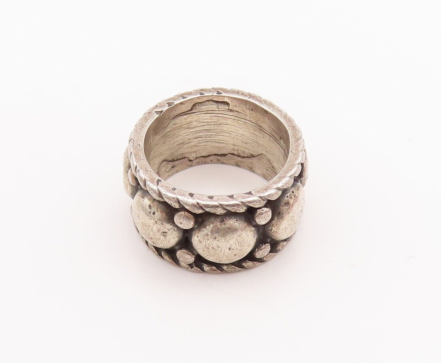 925 Sterling Silver Vintage Ring Large Beads Carved Roped Border  Sz 6  RG28643