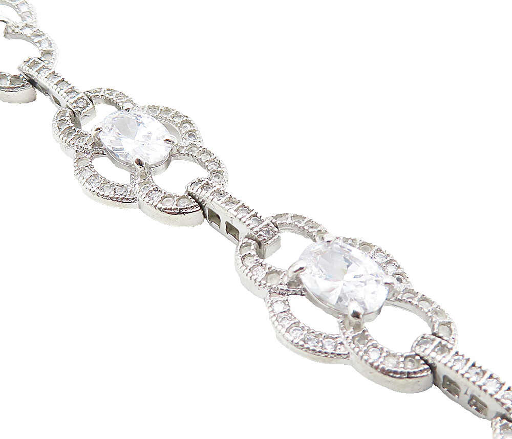 925 Sterling Silver  Sparkling Cubic Zirconia Floral Chain Bracelet  BT3508