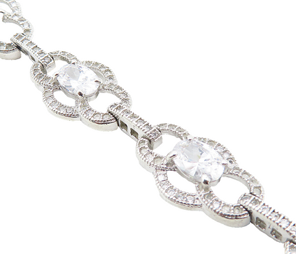 925 Sterling Silver  Sparkling Cubic Zirconia Floral Chain Bracelet  BT3508