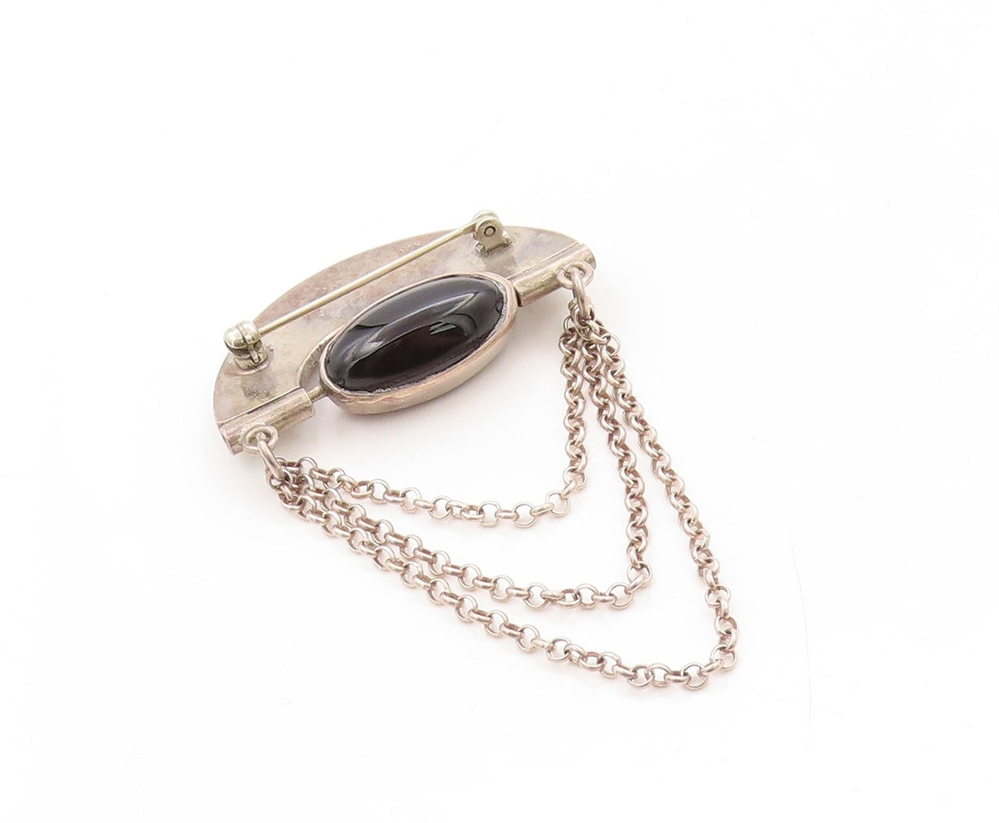 925 Sterling Silver Vintage Brooch Pin Designer Oval Onyx & Gemstone  BP11312