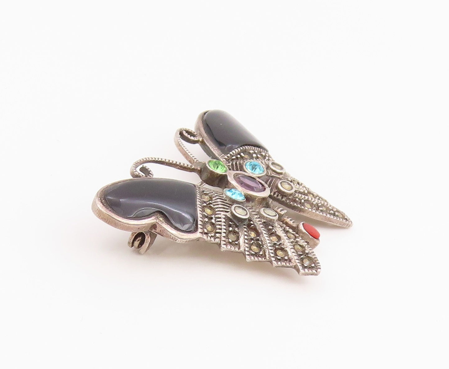 925 Sterling Silver Vintage Brooch Pin Multi Gemstone Classic Butterfly  BP12445