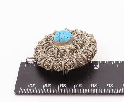 925 Sterling Silver Vintage Brooch Antique Turquoise Wire Work Flowers  BP11678