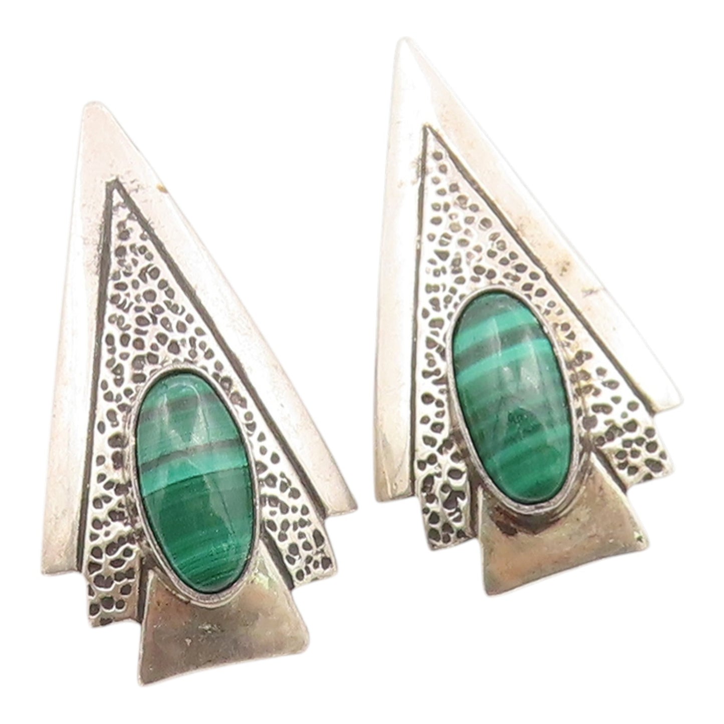 925 Sterling Silver Vintage Earrings MJ NAVAJO Classic Malachite Clip On EG14348