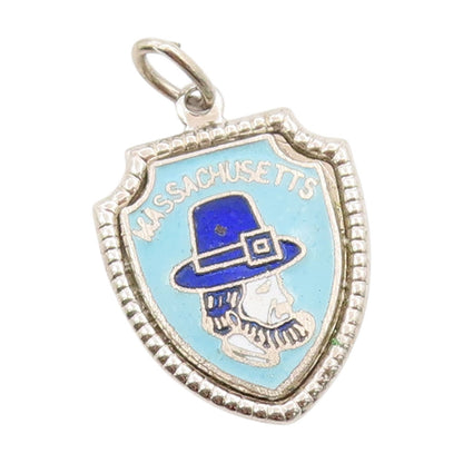 925 Sterling Silver Vintage Pendant Enameled Massachusetts Pilgrim Hat PT25021
