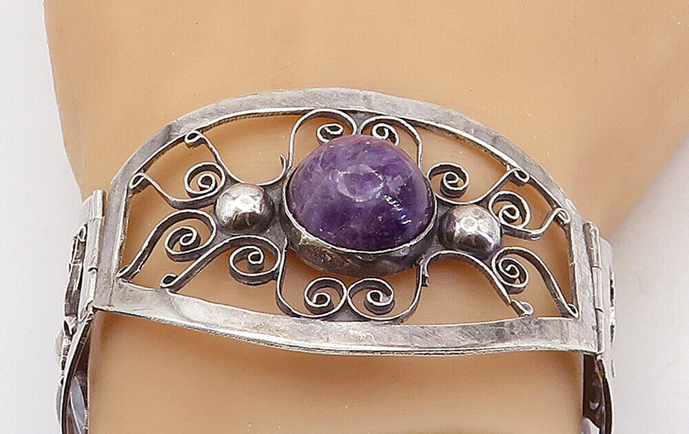 925 Sterling Silver  Vintage Cabochon Cut Amethyst Swirl Chain Bracelet BT2367