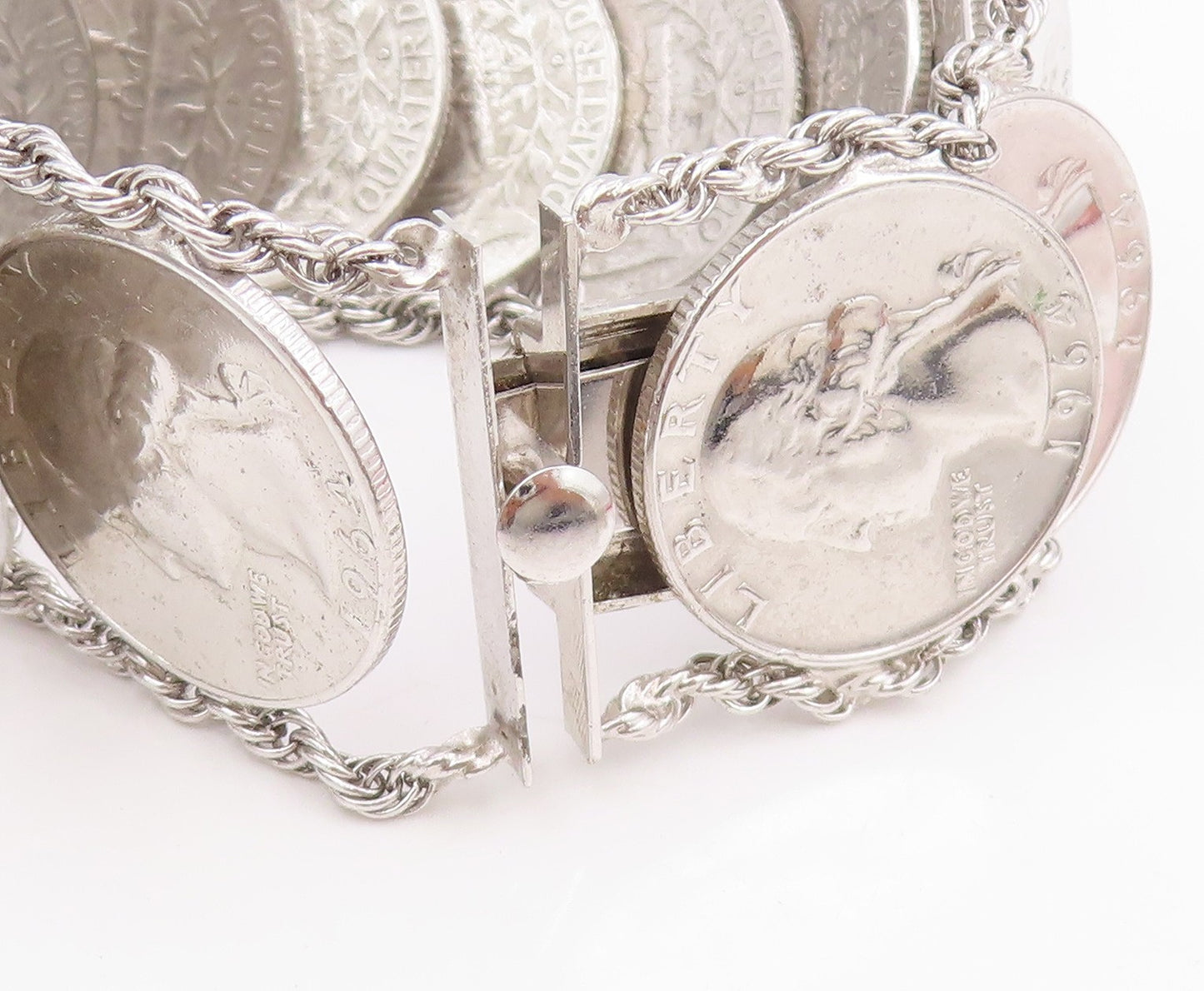 925 Sterling Silver Vintage Bracelet Solid US Quarter Dollar Coins Link  BT11626