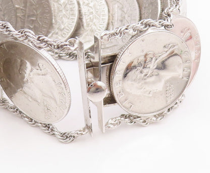 925 Sterling Silver Vintage Bracelet Solid US Quarter Dollar Coins Link  BT11626