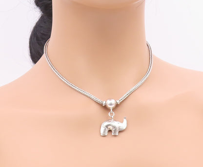 925 Sterling Silver  Vintage Shiny Hollow Elephant Wheat Chain Necklace NE3541