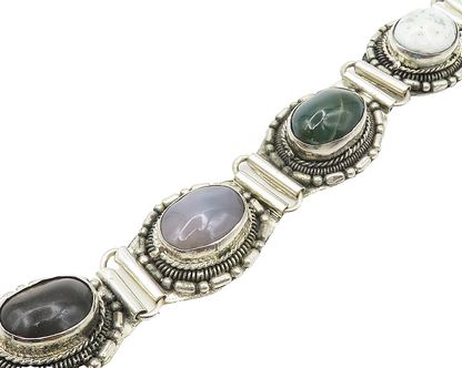 925 Silver  Vintage Cabochon Jasper & Agate Shiny Hinge Chain Bracelet  BT7129