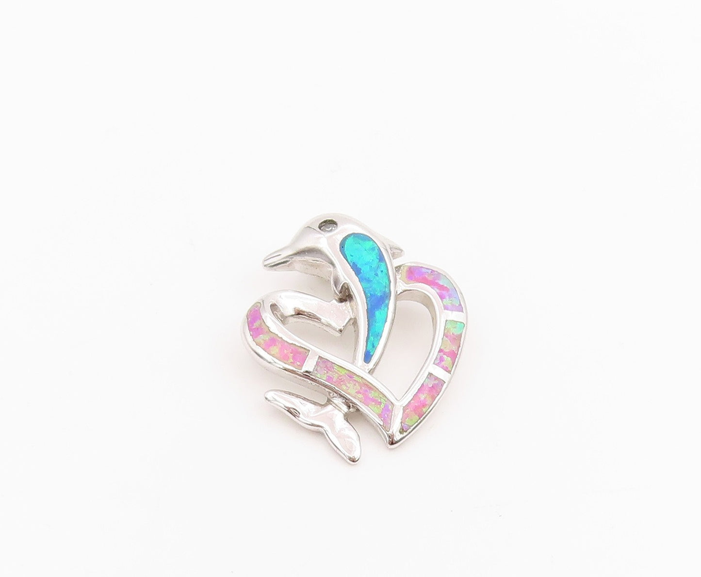 925 Sterling Silver Vintage Pendant Fire Opal Inlay Dolphin & Love Heart PT25977