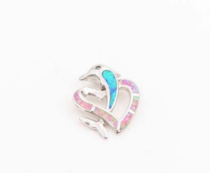 925 Sterling Silver Vintage Pendant Fire Opal Inlay Dolphin & Love Heart PT25977