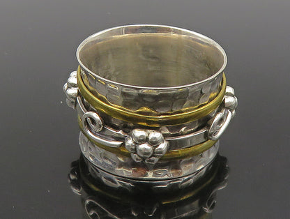 925 Sterling Silver  Vintage 2 Tone Hammered Floral Band Ring Sz 10  RG23761