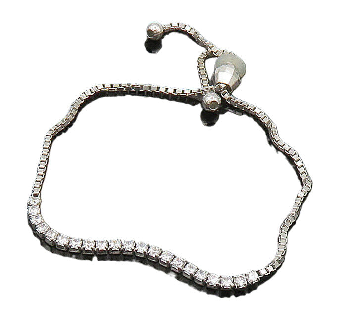 925 Sterling Silver  White Cubic Zirconia Adjustable Box Chain Bracelet  BT1108